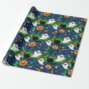 Geister und Kürbisse, Blau mit Grünem Muster Geschenkpapier