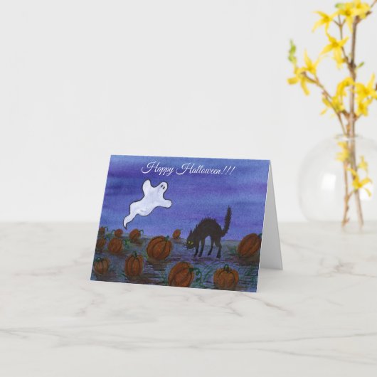 Geister- und schwarzer Katzen-Kürbisfeld Karte (Gelbe Blume)