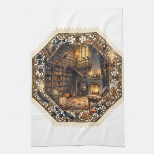 Geisterbibliothek Halloween Stempel Vintage Kunst Geschirrtuch