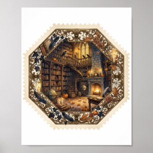 Geisterbibliothek Halloween Stempel Vintage Kunst Poster