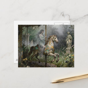 Geisterfrau auf verlassenem Karussell im Garten Postkarte