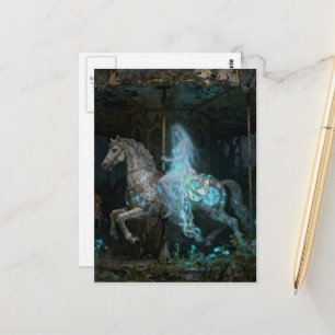 Geisterfrau auf verlassenem Karussell Postkarte