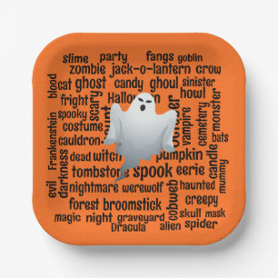 Geisterhafte Halloween-Wortwolke Pappteller