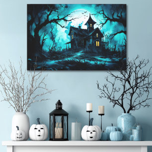 Geisterhaftes Halloween-Haus bei blauem Dämmerlich Leinwanddruck