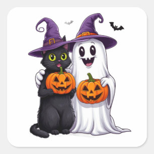 Geisterkatze und Kürbis Halloween Szene 👻 Quadratischer Aufkleber