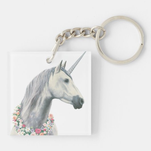 GeistUnicorn mit Blumen um Hals Schlüsselanhänger (Rückseite)