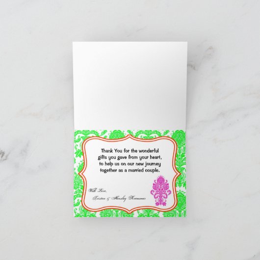 geklappt Vielen Dank Nein Green Pink Damask Lace Dankeskarte (Innenseite)