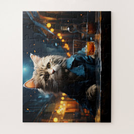 Gekleidete Katze im Café bei Nacht Puzzle