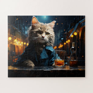 Gekleidete Katze im Café bei Nacht Puzzle