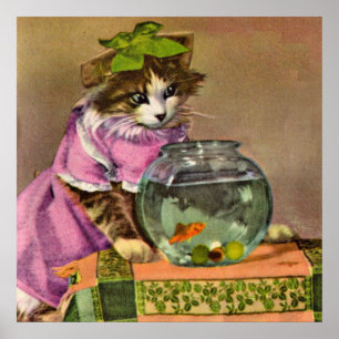gekleidete Katze und Fischschale Poster