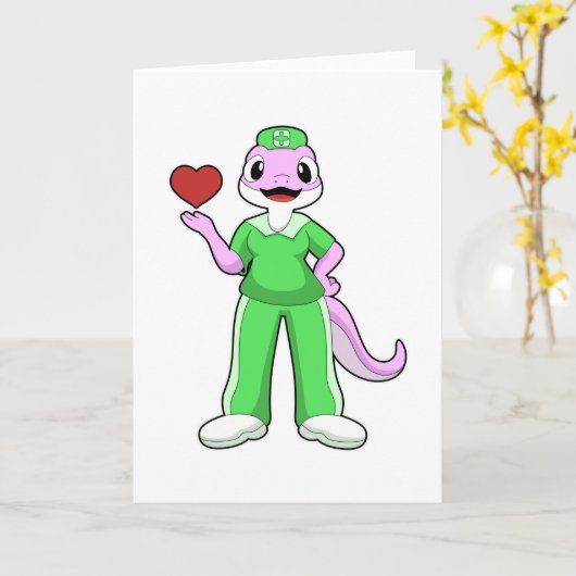 Geko als Krankenschwester mit Herz Karte (Gelbe Blume)