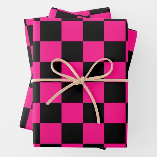 Gekreuzte Quadrate mit rosa, geometrischem Retro Geschenkpapier Set (Beispiel)