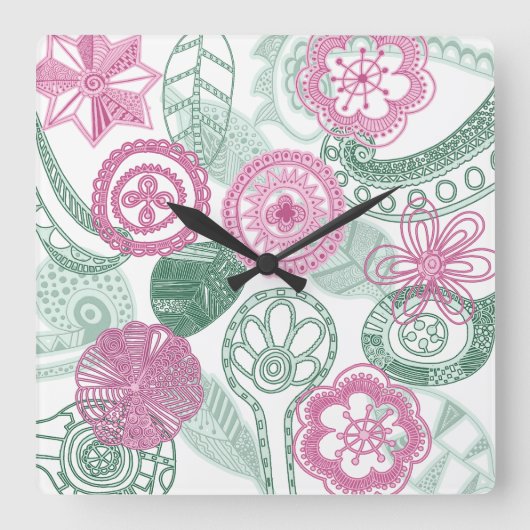 Gekritzel-Blumen Quadratische Wanduhr (Vorderseite)