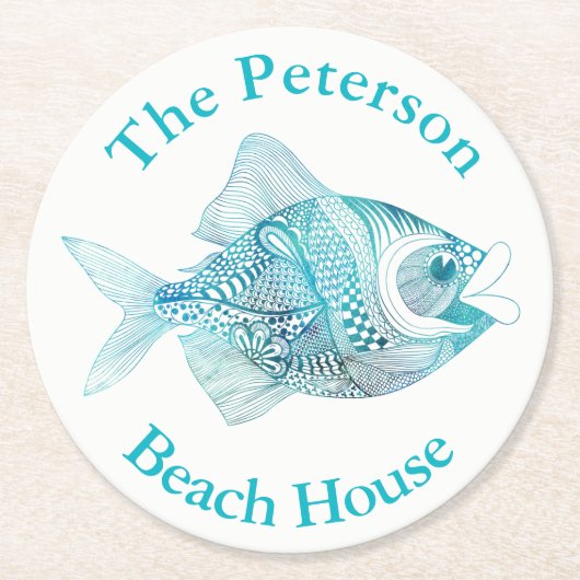 Gekritzel-Fisch-Ozean-Themed PapierUntersetzer Runder Pappuntersetzer (Vorderseite)