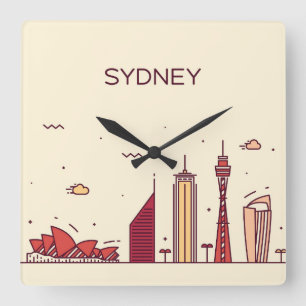 Gekritzel-Skyline Sydneys, Australien   Quadratische Wanduhr