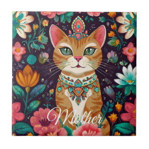 Gekrönte Katze mit Juwelen  Fliese