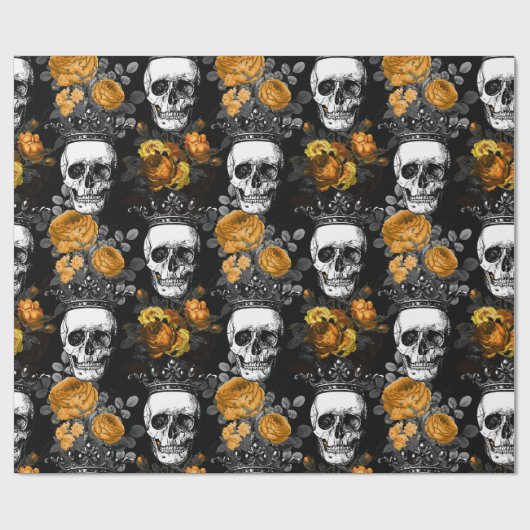 Gekrönte Schädel mit orange Rosen Geschenkpapier (Flach)
