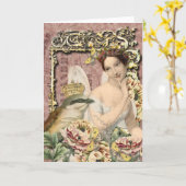 Gekrönter Vogel u. Fee - Vintage leere Karte (Gelbe Blume)