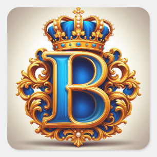 🔵 Gekröntes blaues Buchstaben-B-Monogramm-Namenss Quadratischer Aufkleber
