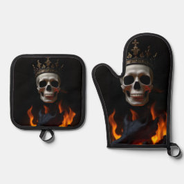 Gekröntes Totenkopf-Gothic-Halloween-Mitt-Set Ofenhandschuh & Topflappen-Set