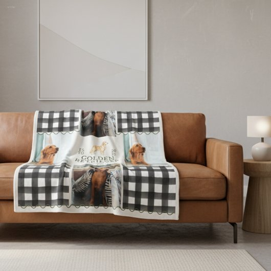 Geländerter Gingham Golden Retriever Pet Vier Foto Fleecedecke