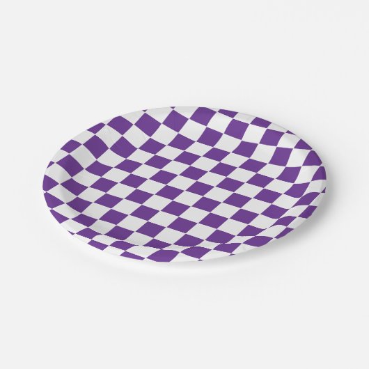 Geländertes Royal Lila und weiß Pappteller (Schrägansicht)