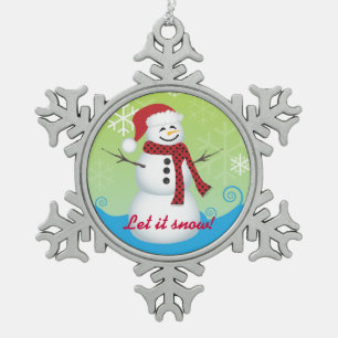 Gelassen ihm schneien! Snowman-tragende Schneeflocken Zinn-Ornament