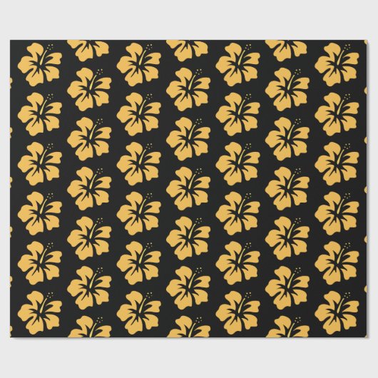 Gelb auf schwarzem Hibiskus Geschenkpapier (Flach)