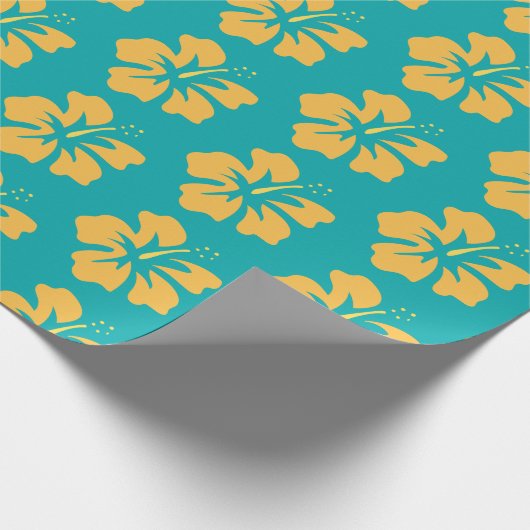 Gelb auf Sea Green Hibiskus Geschenkpapier (Ecke)