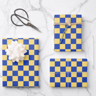Gelb-blau kariertes Brettmuster Geschenkpapier Set