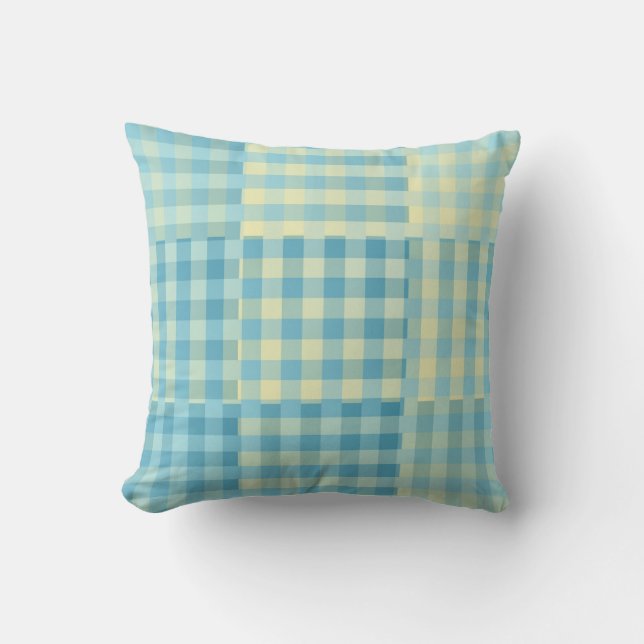 Gelb Blau Karo-Patchworkmuster Kissen (Vorderseite)