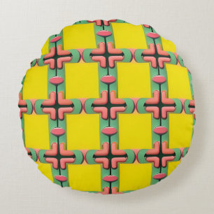 Gelb Blau Pink Geometrisches Karomuster Rundes Kissen