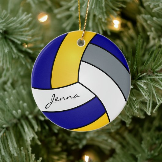 Gelb, Blau, Weiß und Grau personalisieren Volleyba Keramik Ornament (Baum)