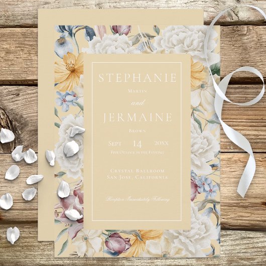 Gelb blau-weiße Blüte auf gelber Einladung