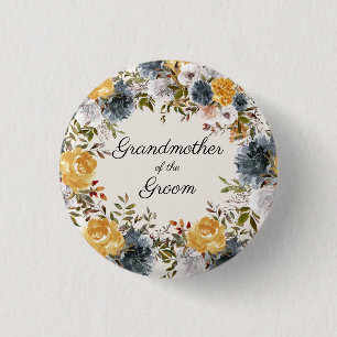 Gelb Blaue Handbemalte Florale Großmutter Bräutiga Button