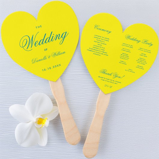 Gelb-blaue Kalligrafie-Herz-Hochzeitsprogramm Fächer