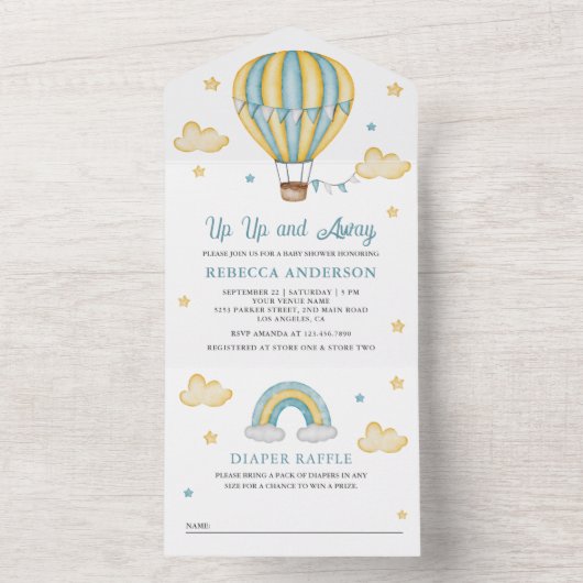 Gelb blauer Heißluftballon Babydusche All In One Einladung (Innen Boden)