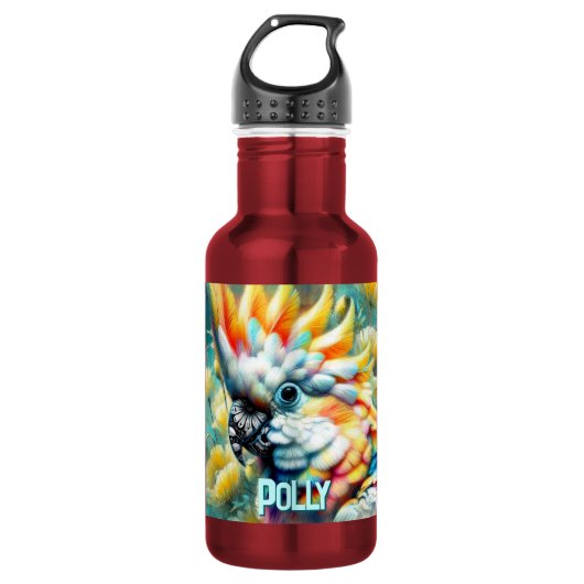 Gelb blühender Mohn mit Kakadu personalisiert Edelstahlflasche (Vorderseite)