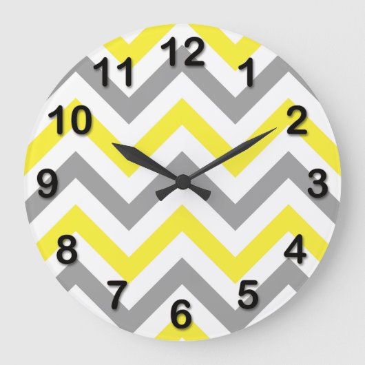 Gelb, dunkelgrau, großes Zickzack ZigZag-Muster Große Wanduhr (Vorderseite)