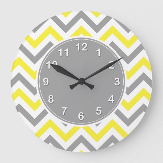 Gelb, dunkelgrau, großes Zickzack ZigZag-Muster Große Wanduhr (Vorderseite)