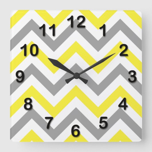 Gelb, dunkelgrau, großes Zickzack ZigZag-Muster Quadratische Wanduhr (Vorderseite)