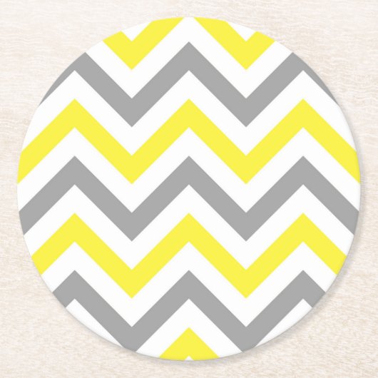 Gelb, dunkelgrau, großes Zickzack ZigZag-Muster Runder Pappuntersetzer (Vorderseite)