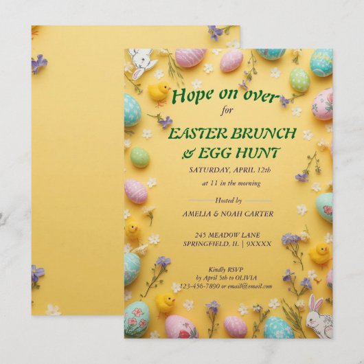 Gelb farbenfrohe Oster-BRUNCH & -SUCHE Einladung (Vorne/Hinten)