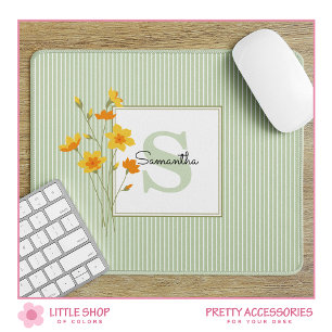 Gelb Floral und grüne Streifen Monogramm Mousepad