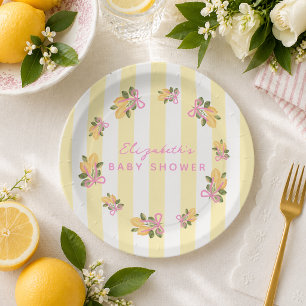Gelb gestreifte rosa Zitronen-Baby-Party Pappteller