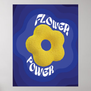 Gelb gestricktes Flower-Power-Kunstposter, blauer Poster