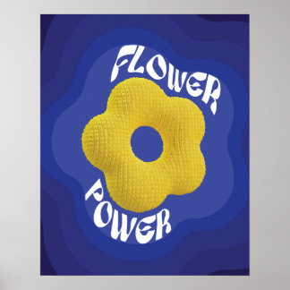 Gelb gestricktes Flower-Power-Kunstposter, blauer Poster