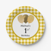 Gelb Gingham & Luftballons 1. Geburtstag Pappteller (Vorderseite)