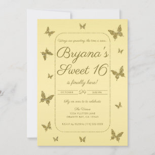 Gelb & Gold Glitter Schmetterling Sweet 16 Party Einladung