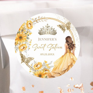 Gelb Gold Mädchen Prinzessin Tiara Floral Sweet 16 Runder Aufkleber